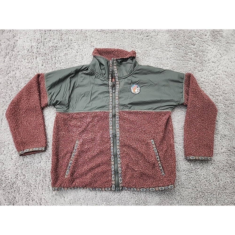 Buc-ee's Full Zip Jacket Womens S Green Burgundy Sherpa Fleece Colorblock Logo
